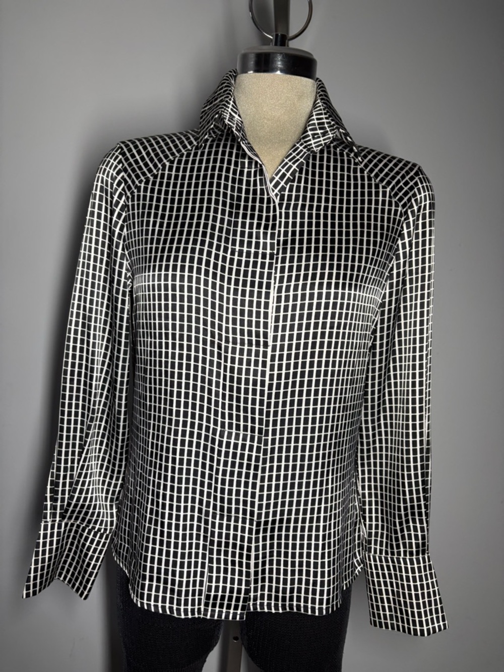 Black & White Grid Button-Up Blouse